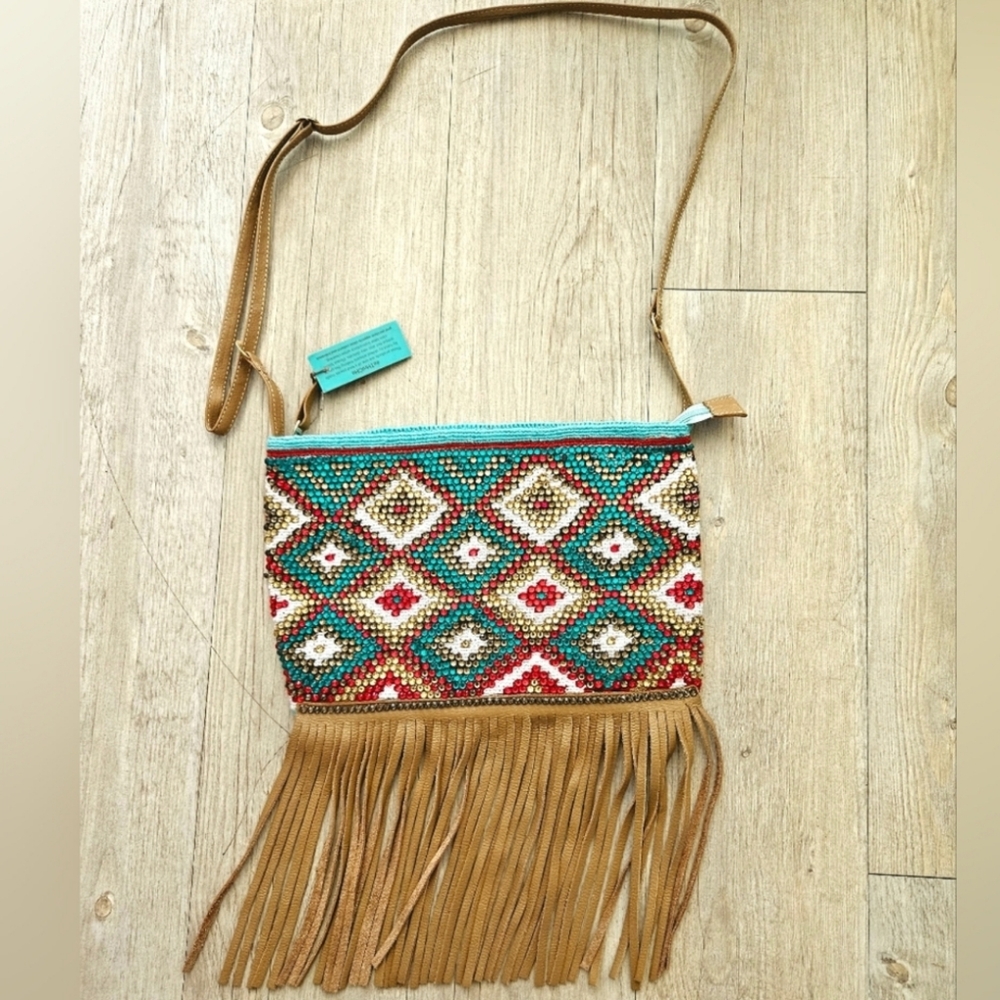Nwt Hand Beaded Artisan Aztec Fringe Turquoise Tan Bohemian Handbag